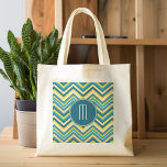 Bolsa Tote Monograma do padrão Chevron Colorido Colorido Teal<br><div class="desc">Um design popular com listras e zags e uma área para adicionar suas iniciais. Cores de tendências e padrões para o seu telefone celular. Se precisar ajustar os monogramas,  clique no botão personalizar e faça alterações.</div>