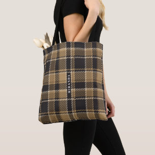 Bolsa Tote Monograma do padrão de xadrez castanha e bege