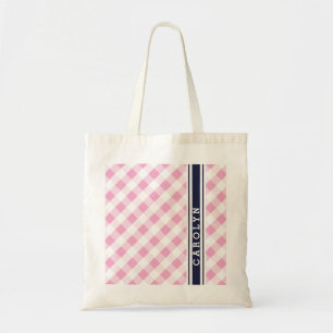 Bolsa Tote monograma do padrão gingham do marinho rosa-pré-di