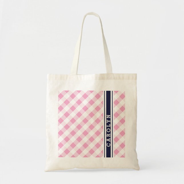 Bolsa Tote monograma do padrão gingham do marinho rosa-pré-di (Frente)