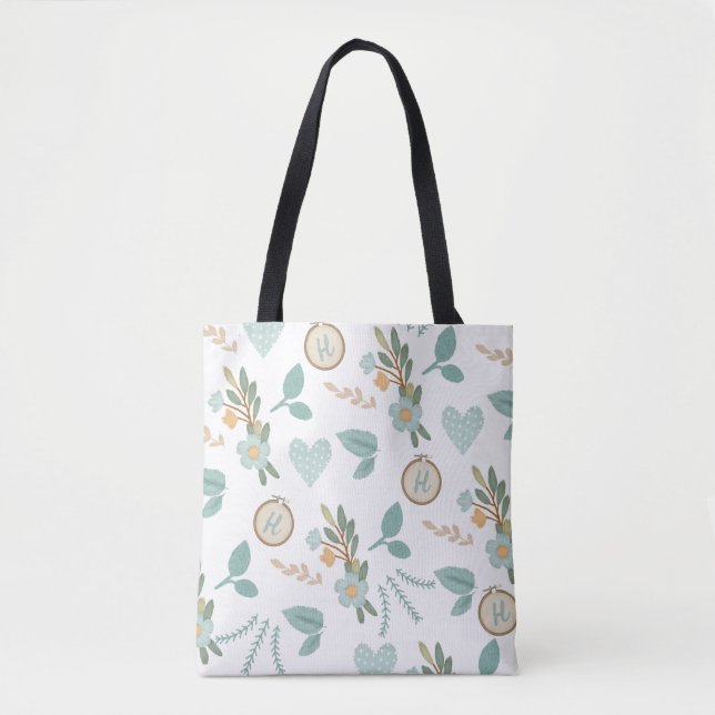 Bolsa Tote Monograma do ponto de agulha da flor bordada para  (Frente)