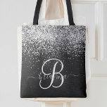 Bolsa Tote Monograma do Sparkle Preto com Glitter de Prata Pe<br><div class="desc">Personalize facilmente esta moda elegante de tote design com brilho prateado bonito em um fundo metálico escovado preto.</div>