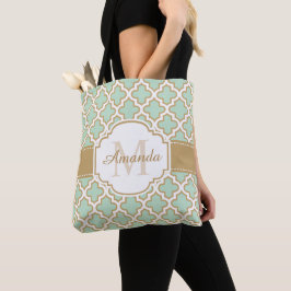 Bolsa Tote Monograma Dourado da hortelã do teste padrão de