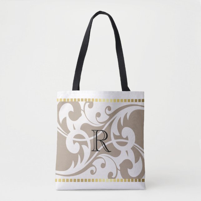 Bolsa Tote Monograma Dourado de Borda Branco e Cogumelo (Frente)
