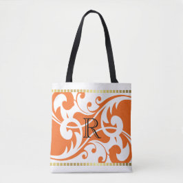 Bolsa Tote Monograma Dourado de Borda Branco e Laranja
