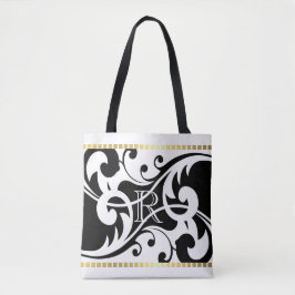 Bolsa Tote Monograma Dourado de Borda Branco e Preto