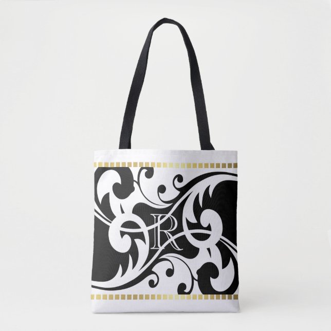 Bolsa Tote Monograma Dourado de Borda Branco e Preto (Frente)