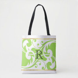 Bolsa Tote Monograma Dourado de Borda Branco e Verde