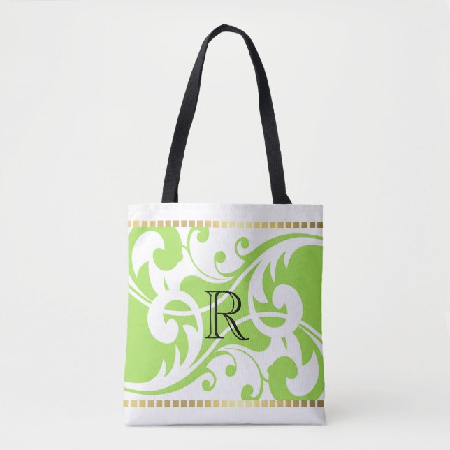 Bolsa Tote Monograma Dourado de Borda Branco e Verde (Frente)