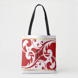 Bolsa Tote Monograma Dourado de Borda Branco e Vermelho