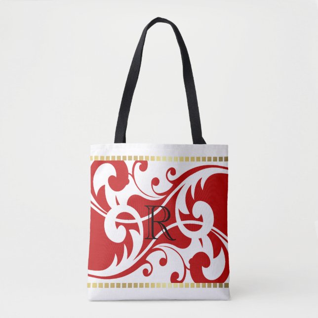 Bolsa Tote Monograma Dourado de Borda Branco e Vermelho (Frente)