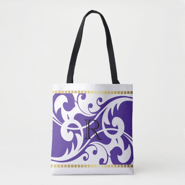 Bolsa Tote Monograma Dourado de Borda Branco e Violeta (Frente)