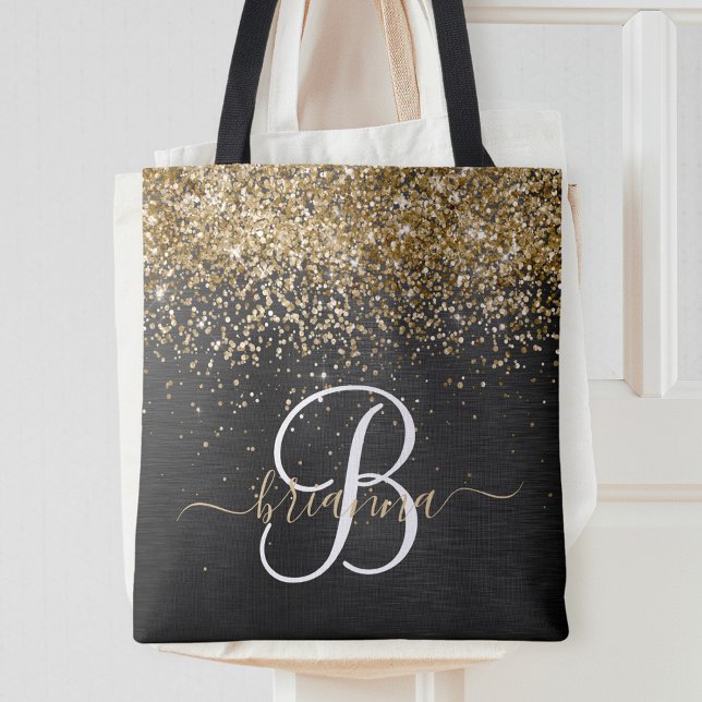 Bolsa Tote Monograma Dourado de brilho preto com brilho perso (Criador carregado)