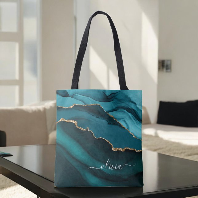 Bolsa Tote Monograma Dourado de Geodo Azul Aqua Azul (Criador carregado)