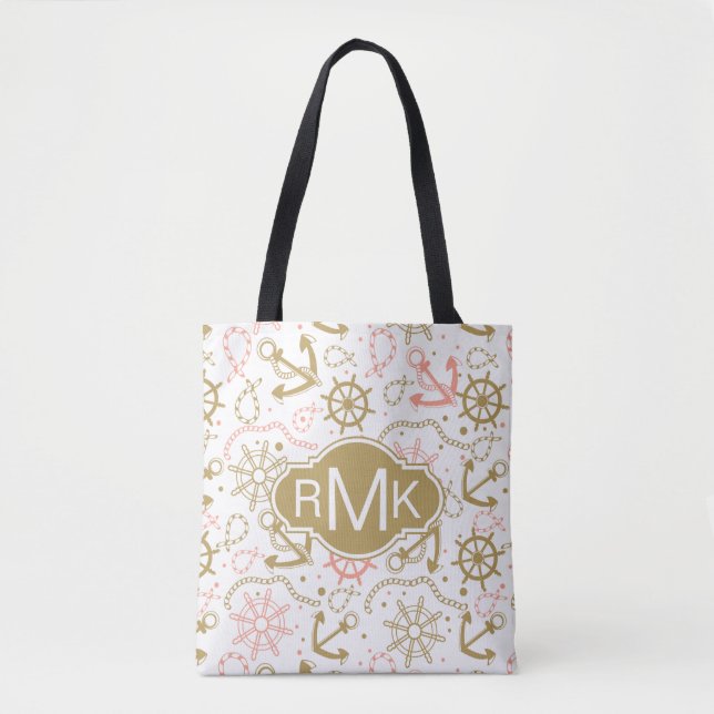 Bolsa Tote Monograma dourado do teste padrão | da âncora (Frente)