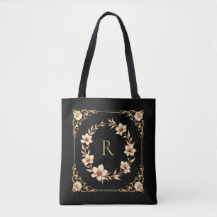 Bolsa Tote Monograma Dourado Elegante e Folha Personalizável