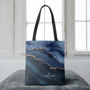 Bolsa Tote Monograma Dourado em Geodo de Ágata Azul-Marinho