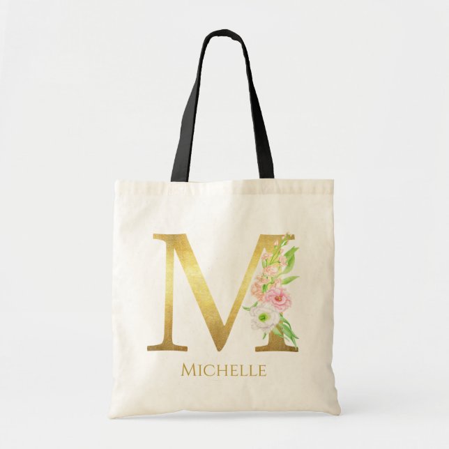 Bolsa Tote Monograma Dourado Floral - Letra M, Nome Personali (Frente)