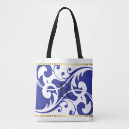 Bolsa Tote Monograma Dourado Floreado Branco e Azul