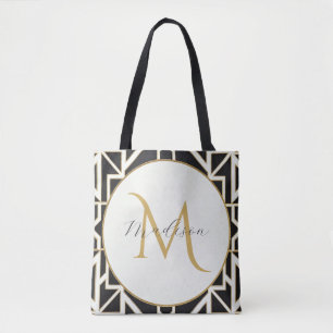 Bolsa Tote Monograma Dourado Geométrico Preto Personalizado