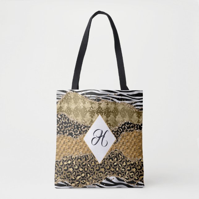 Bolsa Tote Monograma Dourado Impressão de Animais Pretos Safa (Frente)