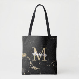 Bolsa Tote Monograma Dourado Mármore Negro Moderno