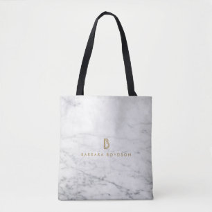 Bolsa Tote Monograma Dourado Mínimo de Mármore Branco