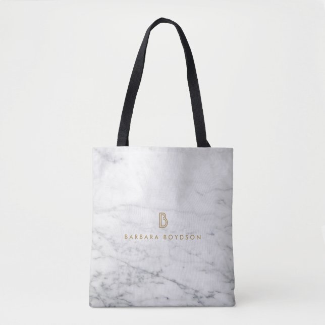 Bolsa Tote Monograma Dourado Mínimo de Mármore Branco (Frente)