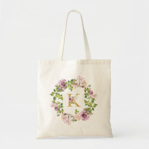 Bolsa Tote Monograma Dourado moderno K Watercolor Wreath Flor