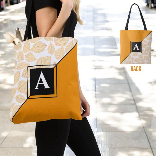 Bolsa Tote Monograma Dourado Padrão Amarelo Amarelo Personali (front and back shoulder tote bag design with initial letter monogram )