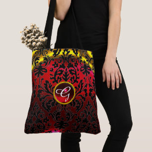 BOLSA TOTE MONOGRAMA DOURADO PRETO VERMELHO DO DAMASCO DA