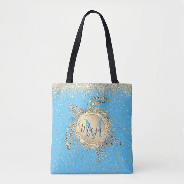 Bolsa Tote Monograma Dourado Turtle Glitter Personalizado (Frente)