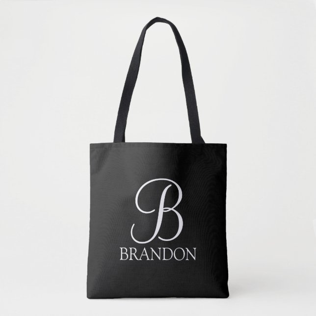 Bolsa Tote Monograma e Nome de Script Personalizado Preto (Frente)