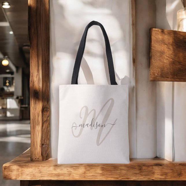 Bolsa Tote Monograma e nome do script Boho Na moda em bege (Criador carregado)