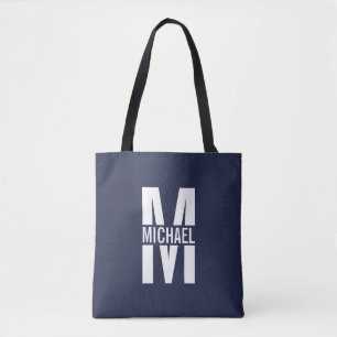 Bolsa Tote Monograma e Nome Personalizados Azul-marinho