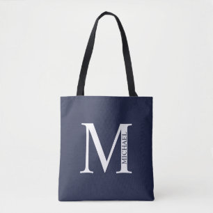 Bolsa Tote Monograma e Nome Personalizados Azul-marinho