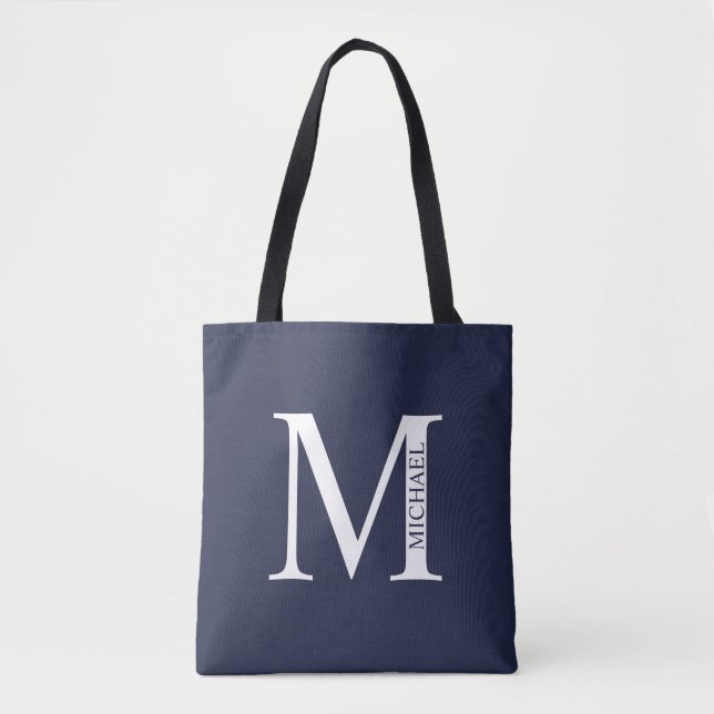 Bolsa Tote Monograma e Nome Personalizados Azul-marinho (Frente)