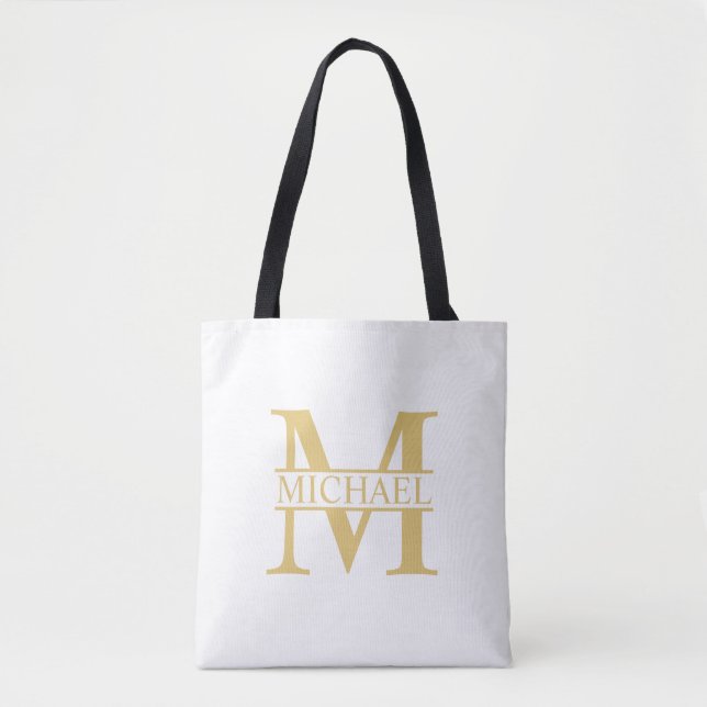 Bolsa Tote Monograma e Nome Personalizados Branco e Dourado (Frente)