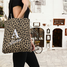 Bolsa Tote Monograma e Nome Personalizados de Impressão Leopa