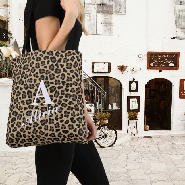 Bolsa Tote Monograma e Nome Personalizados de Impressão Leopa (Criador carregado)