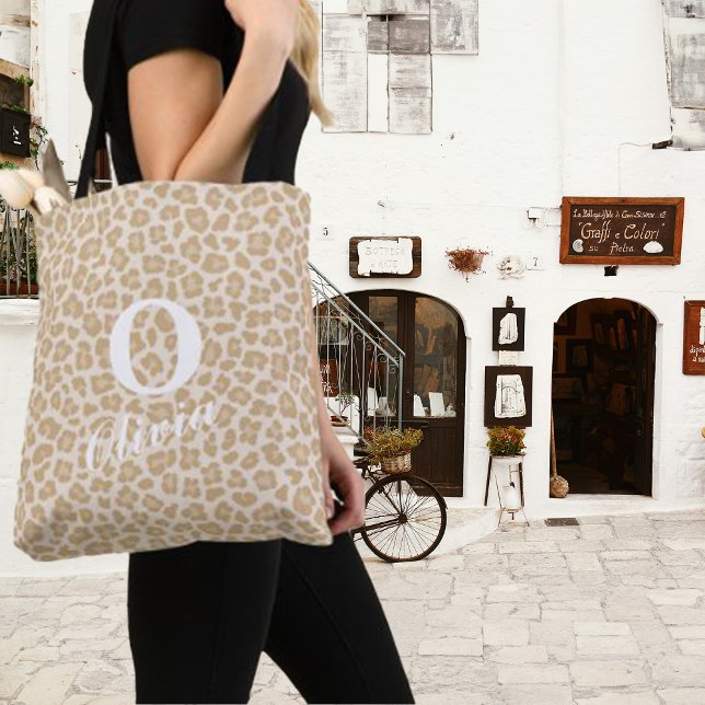 Bolsa Tote Monograma e Nome Personalizados de Impressão Leopa (Criador carregado)