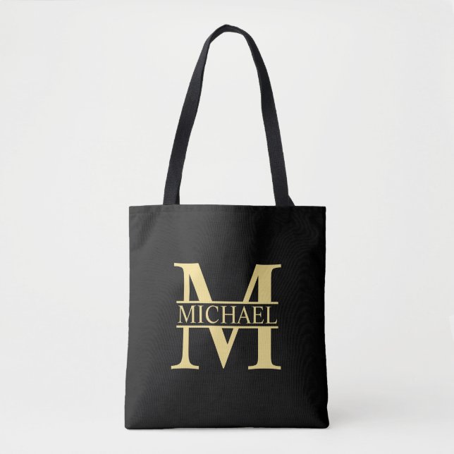 Bolsa Tote Monograma e Nome Personalizados Preto e Dourado (Frente)