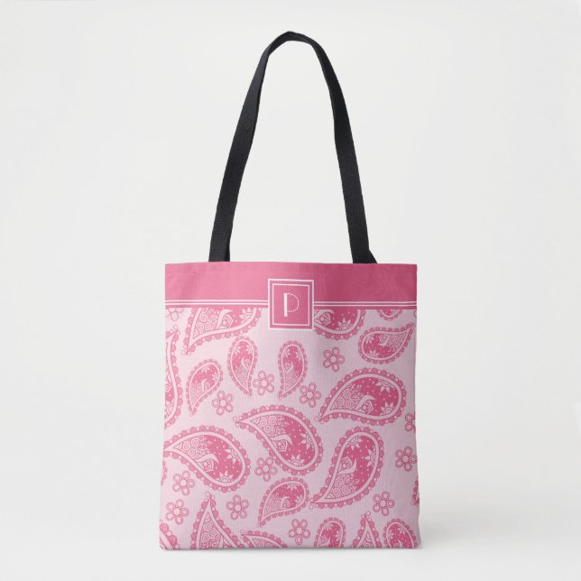 Bolsa Tote Monograma e seu nome no padrão de Paisley rosa (Frente)