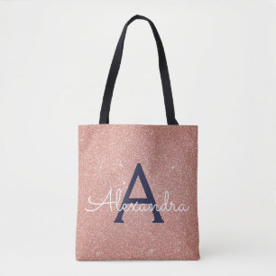 Bolsa Tote Monograma Elegante Azul de Marinho Rosa Rosa Doura