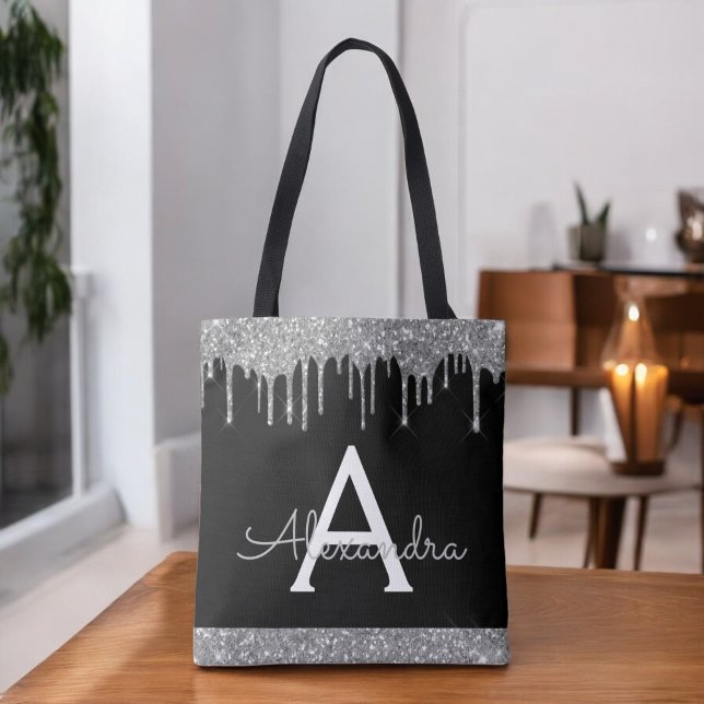 Bolsa Tote Monograma Elegante de brilho preto prateado (Criador carregado)