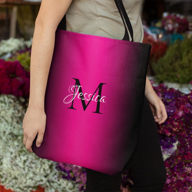 Bolsa Tote Monograma Elegante de Ombre Preto e Rosa Profundo (Deep Pink and Black Ombre Elegant Monogram Tote Bag)