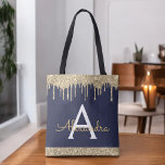 Bolsa Tote Monograma Elegante do Espaçador Azul do Marinho Do<br><div class="desc">Faísca Azul,  Dourada e Marinho de luxo e Bag Elegante do Monograma. Este Livro Bag pode ser personalizado para incluir seu nome inicial e próprio e ser dado como presente para o Natal,  Doce 16 Aniversário,  Chá de panela ou Casamento.</div>