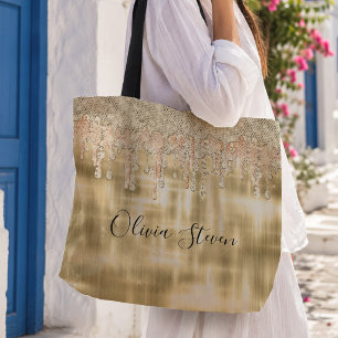 Bolsa Tote Monograma elegante dourado com brilho a gotejar