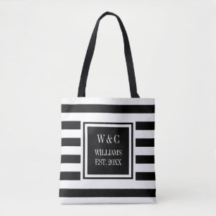 Bolsa Tote Monograma Elegante e Tendência Listra Preto e Bran