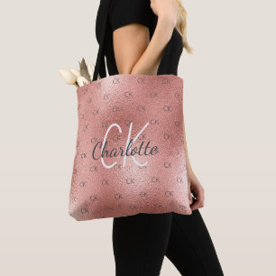 Bolsa Tote Monograma elegante em dourado rosa em letra cursiv